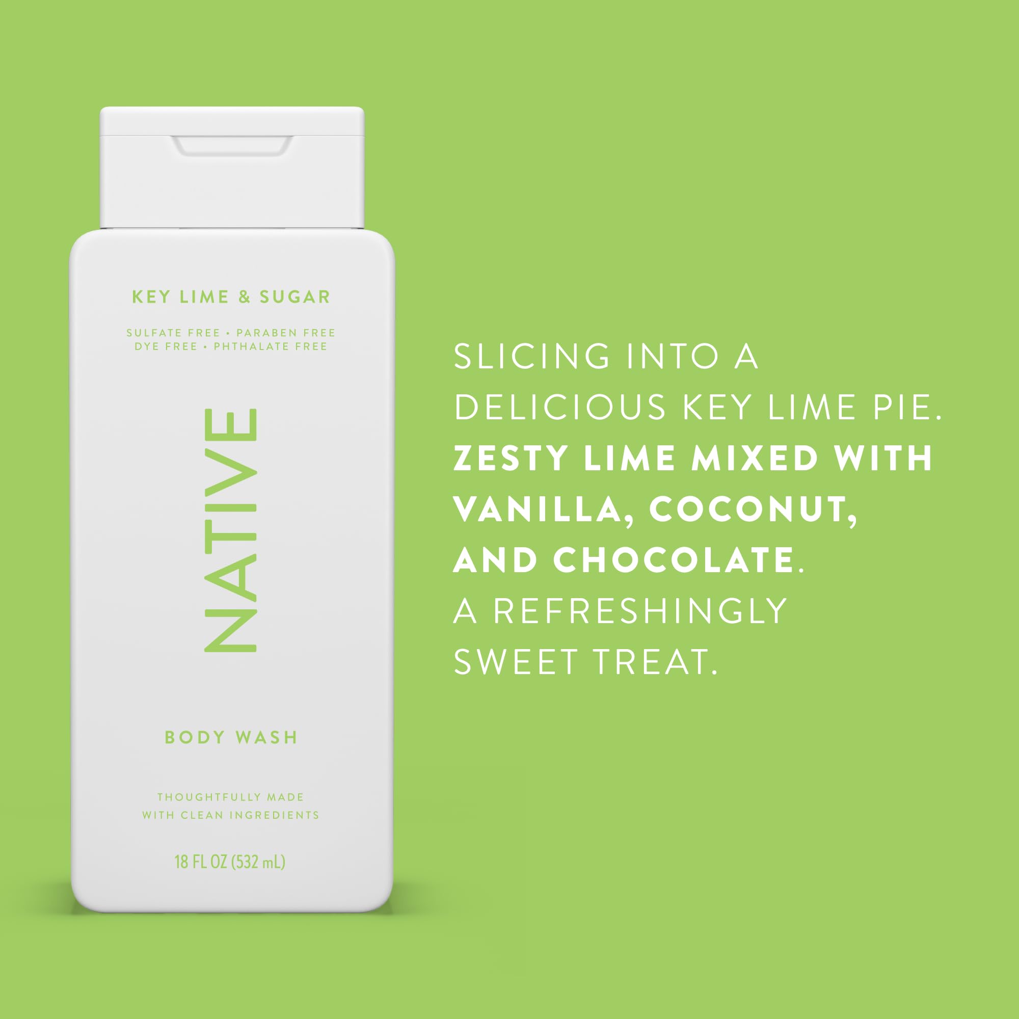 Native Body Wash sulfate-free safety label signals clean, dye-free formulation.