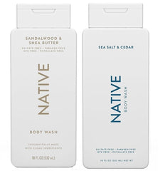 Native Body Wash Two-Pack featuring Sea Salt & Cedar and Sandalwood & Shea Butter for refreshed, hydrated skin.