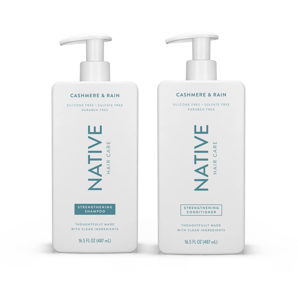 Native Cashmere & Rain shampoo bottle demonstrates gentle cleansing for all hair types.