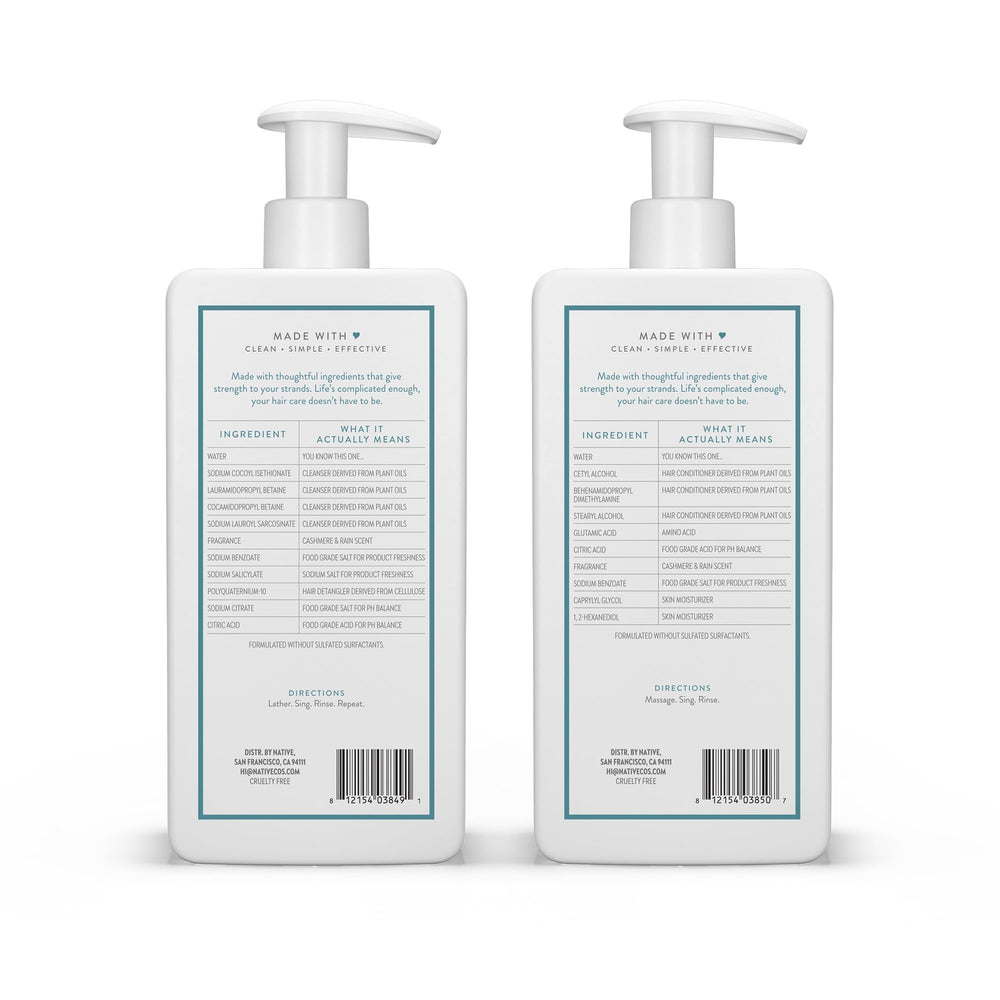 Native Cashmere & Rain shampoo lather shown for bright frizz-free results.