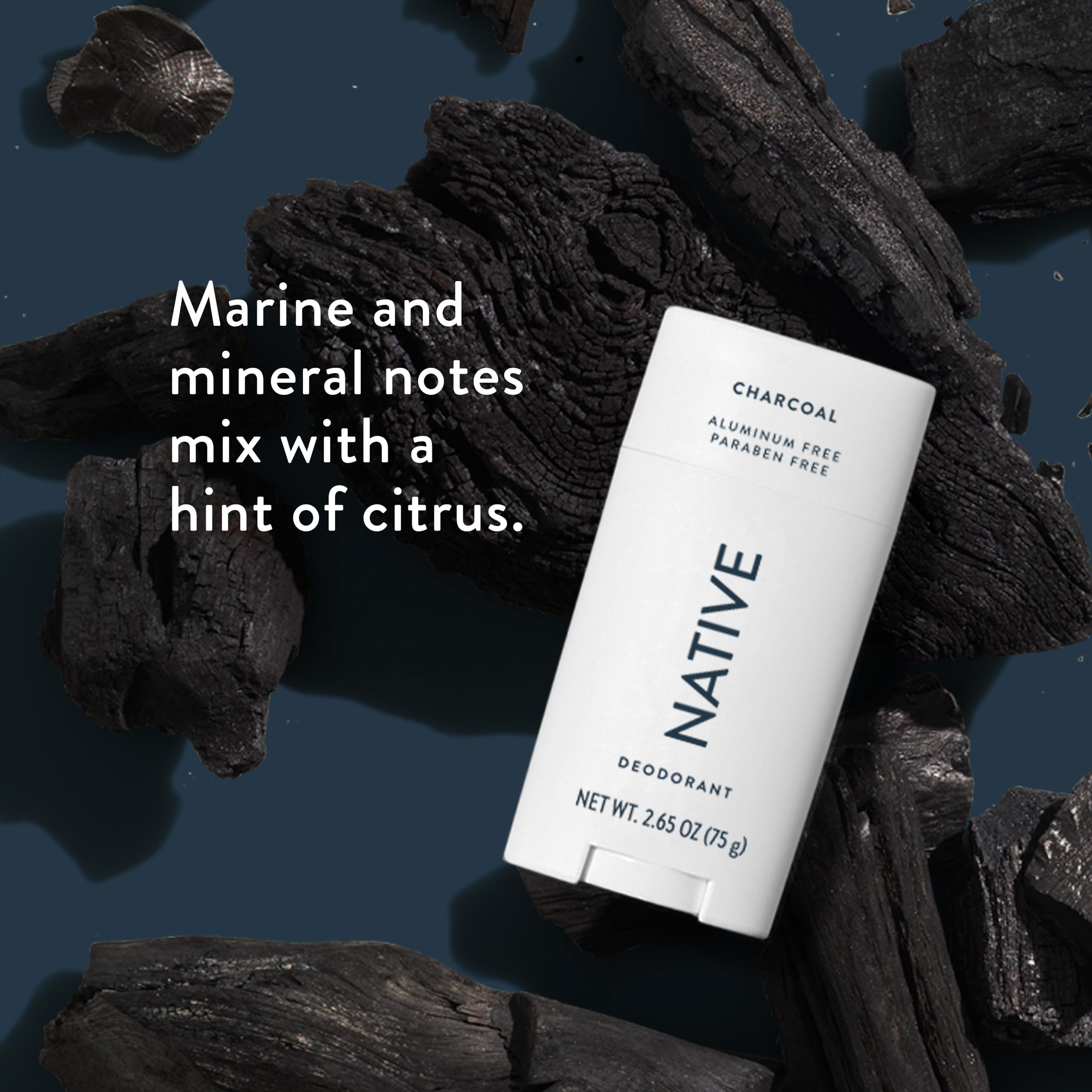 Native Charcoal Deodorant packaging box highlighting aluminum-free formula.