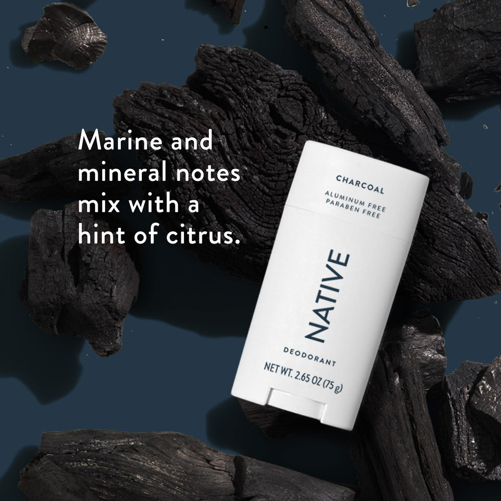 Native Charcoal Deodorant packaging box highlighting aluminum-free formula.