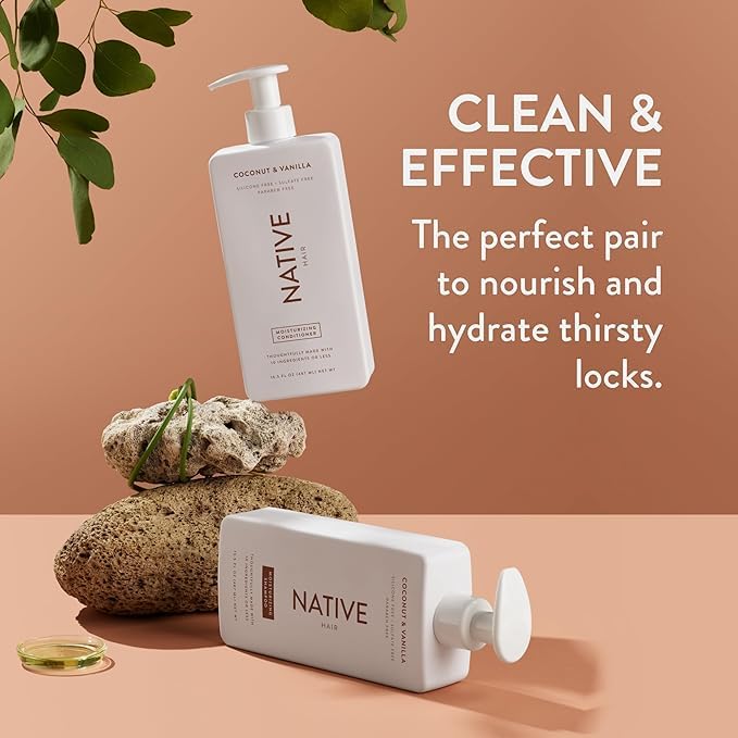 Native Coconut & Vanilla 2-pack packaging communicates sulfate-free, dye-free care for all hair types.
