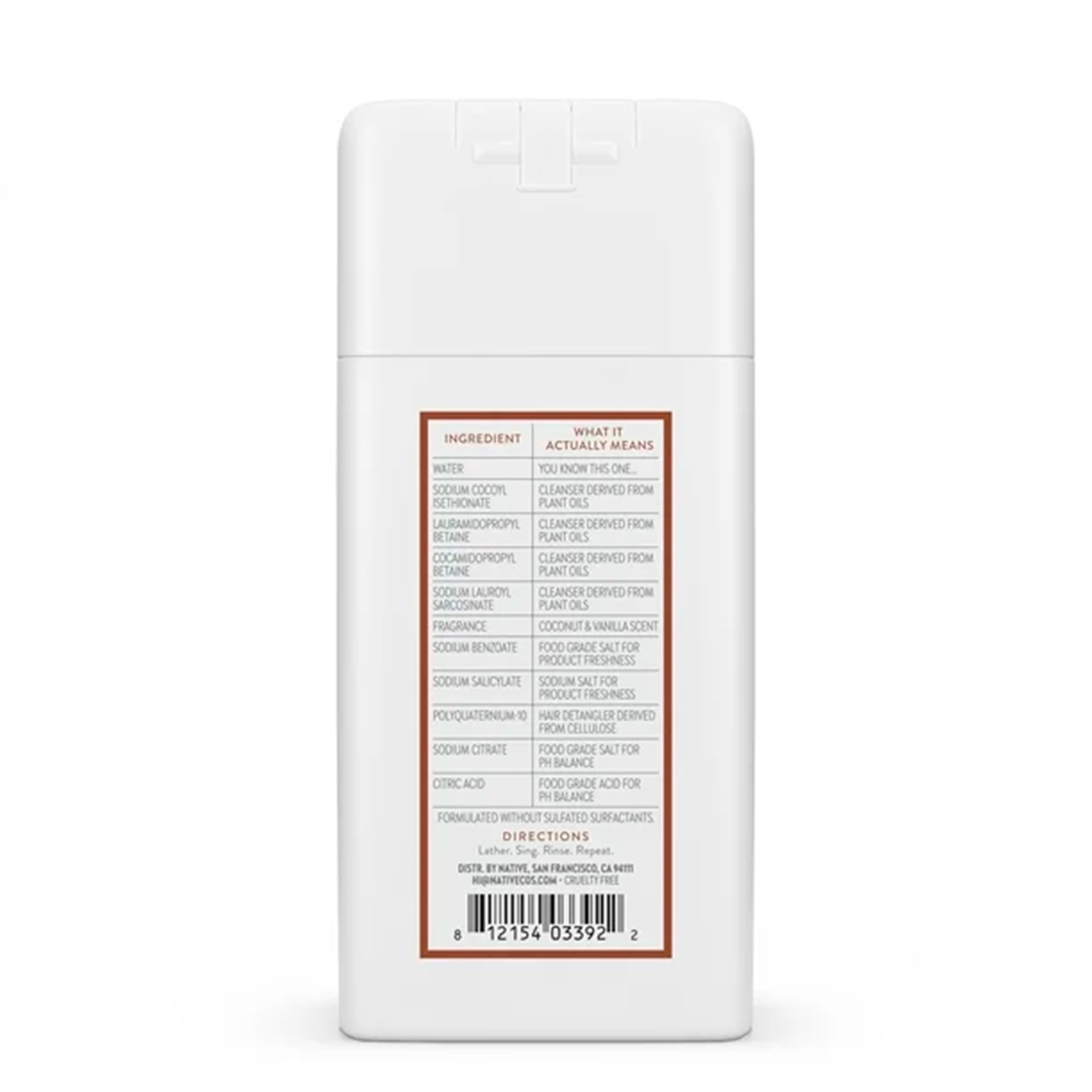 Native Coconut & Vanilla Mini Shampoo packaging highlights sustainable sourcing