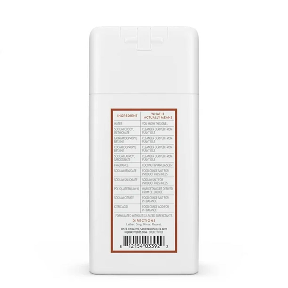 Native Coconut & Vanilla Mini Shampoo packaging highlights sustainable sourcing