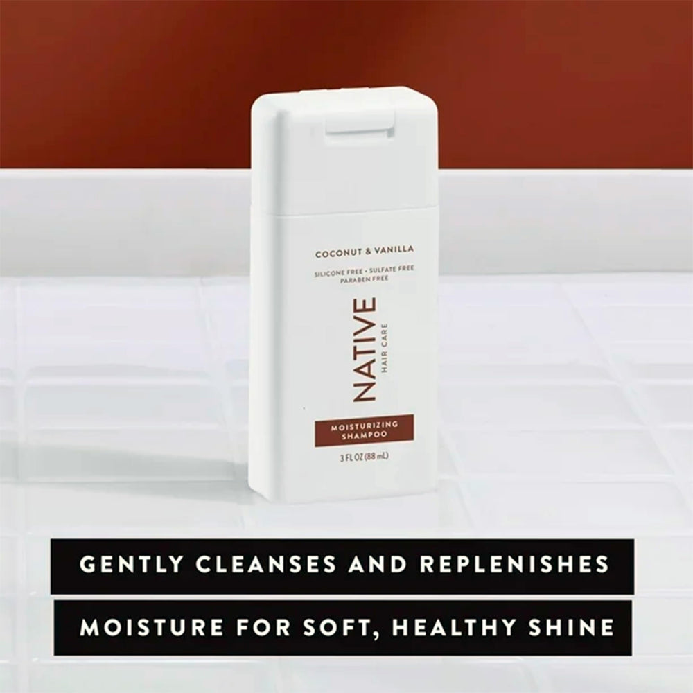 Native Coconut & Vanilla Mini Shampoo travel packaging emphasizes compact on the go