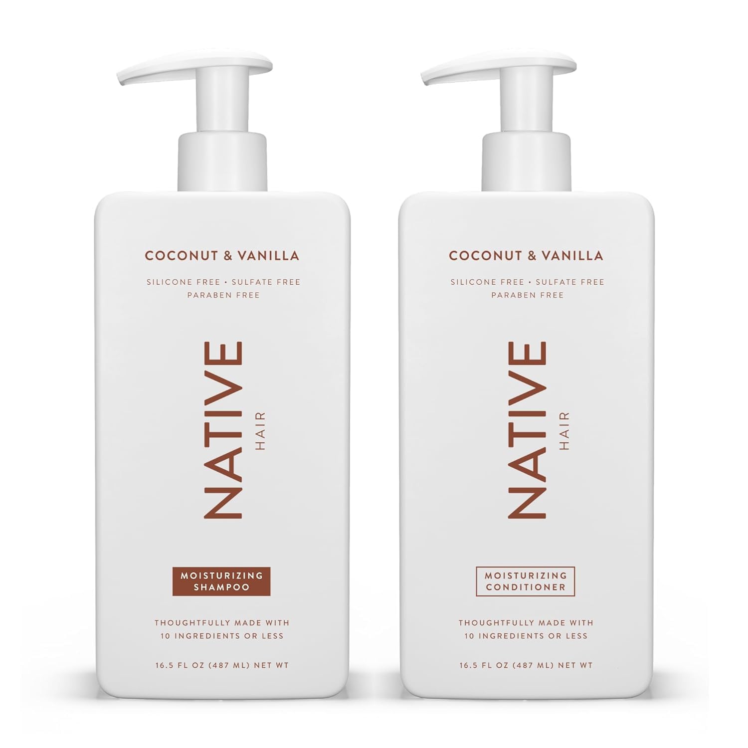 Native Coconut & Vanilla Shampoo bottle showcases hydrating formula for soft, smooth hair.
