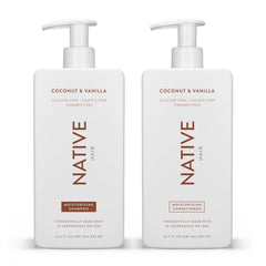 Native Coconut & Vanilla Shampoo bottle showcases hydrating formula for soft, smooth hair.