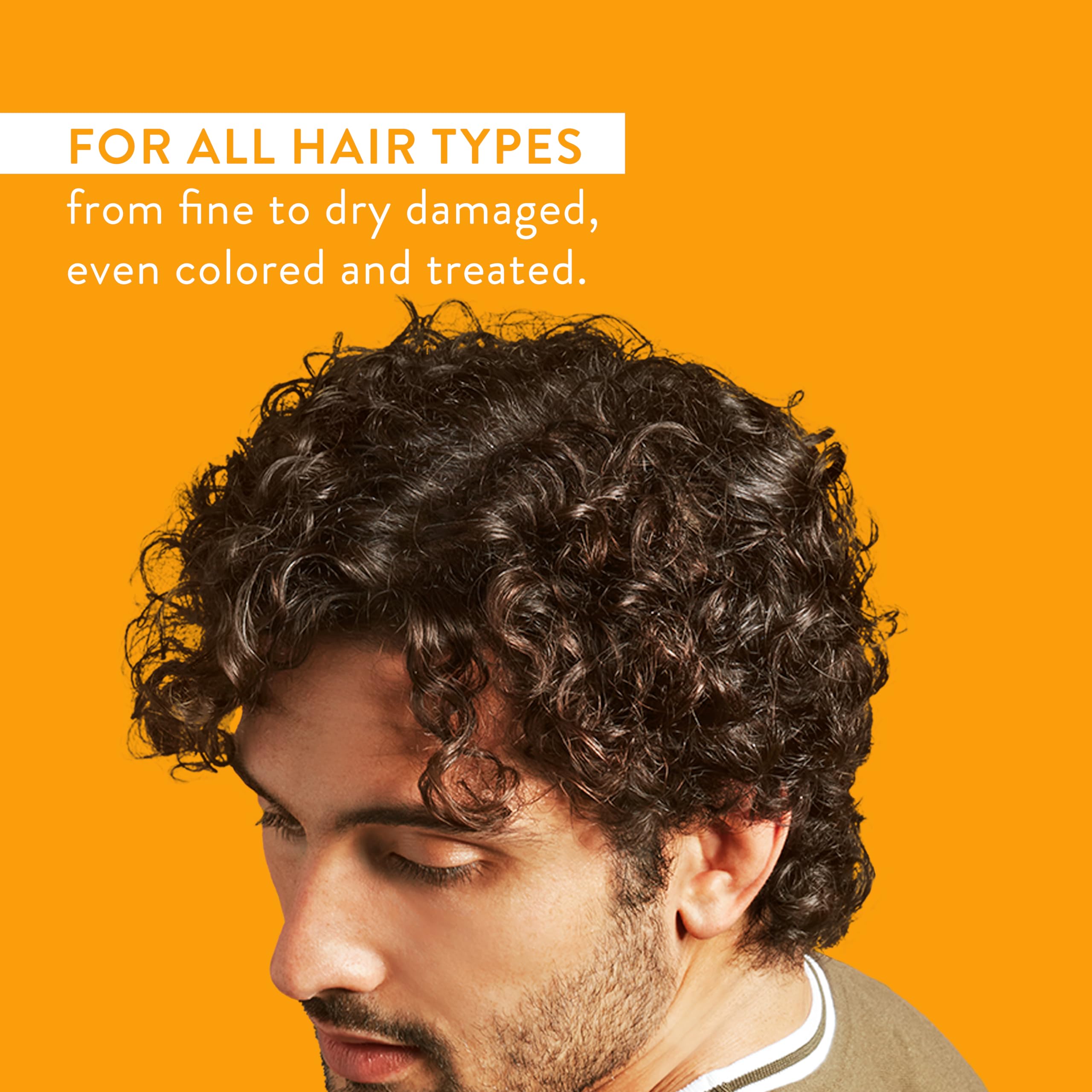 Native conditioner bottle beside hair illustration emphasizes all hair types.