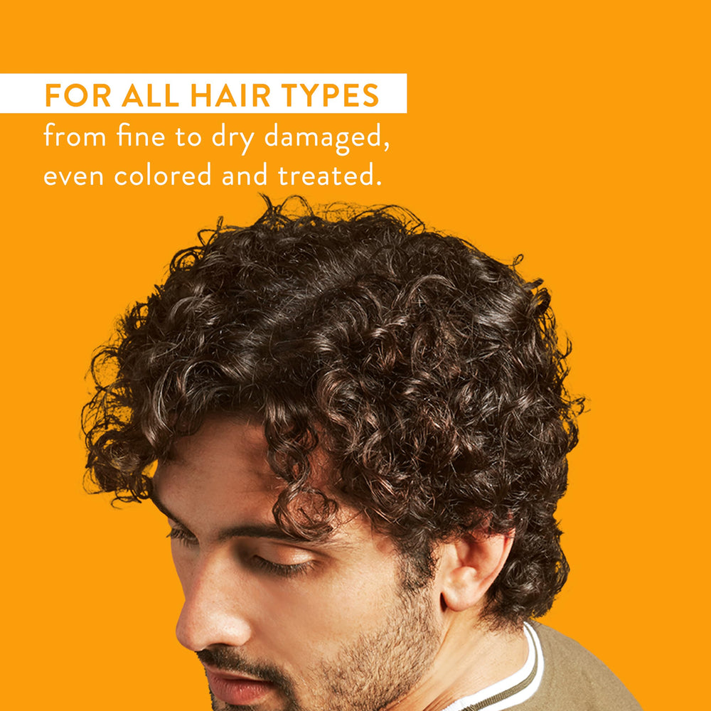 Native conditioner bottle beside hair illustration emphasizes all hair types.
