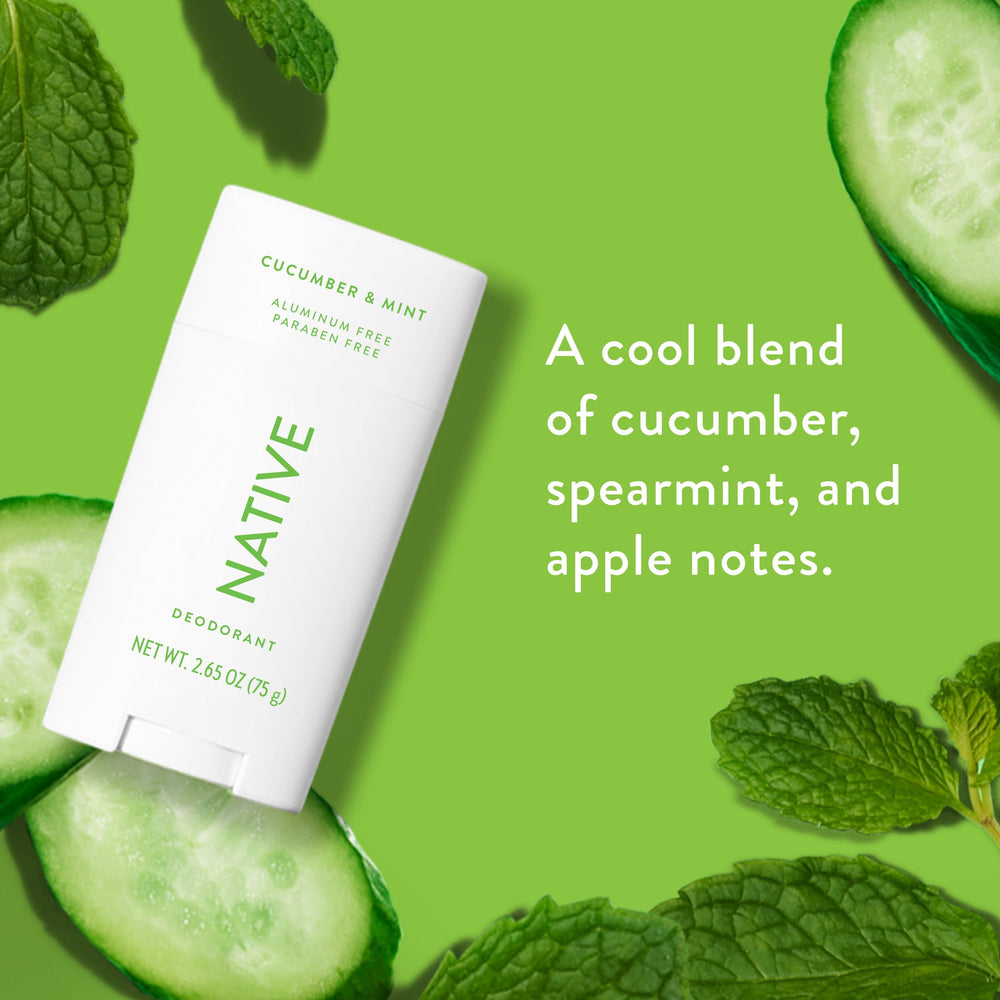 Native aluminum-free formula bottle emphasizes clean, skin-friendly ingredients