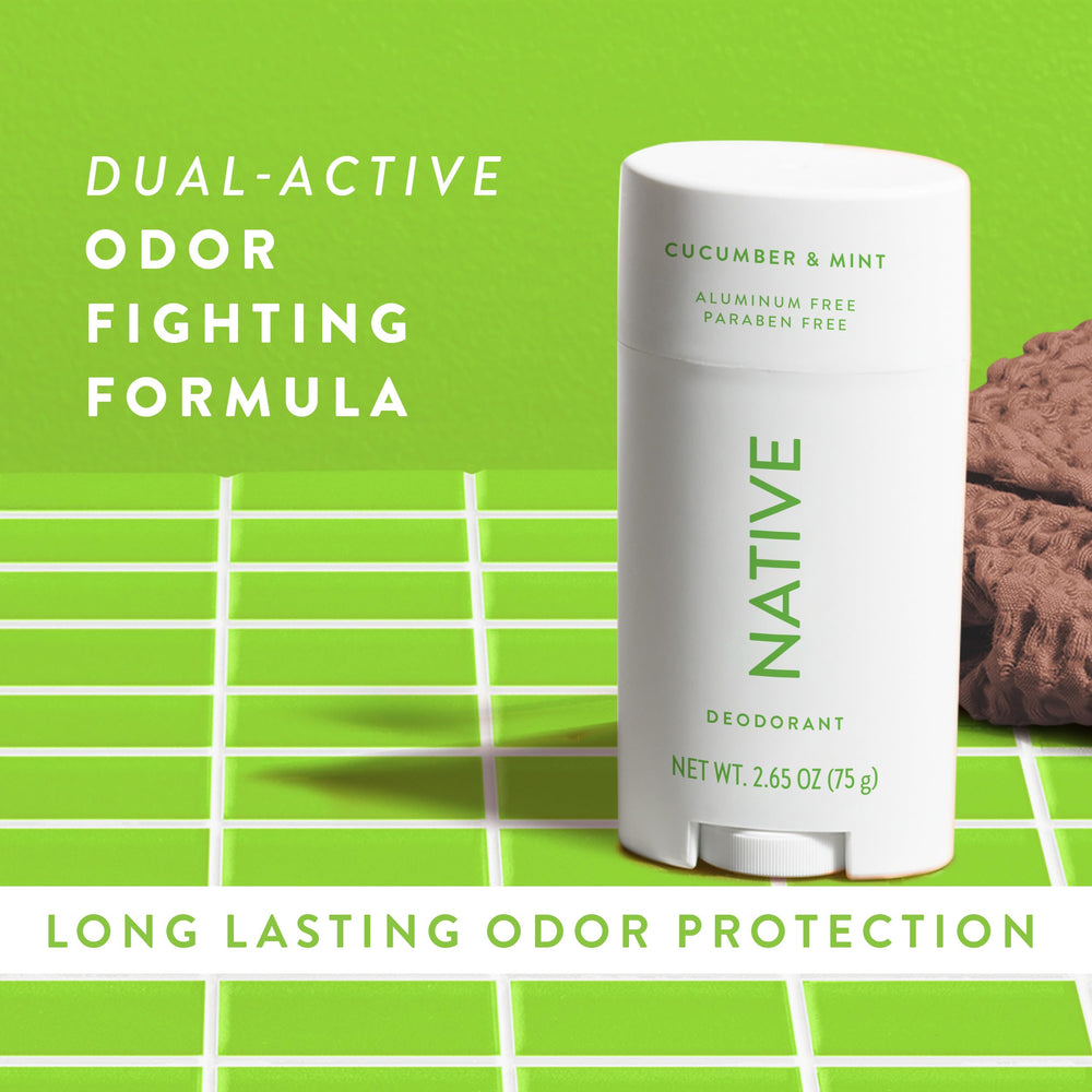 Native deodorant cucumber-mint packaging close-up emphasizes refreshing scent
