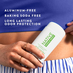 Native aluminum-free deodorant stick highlights clean ingredients for sensitive skin comfort.