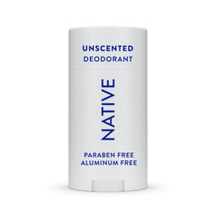 Native unscented deodorant application offers smooth glide for daily freshness.