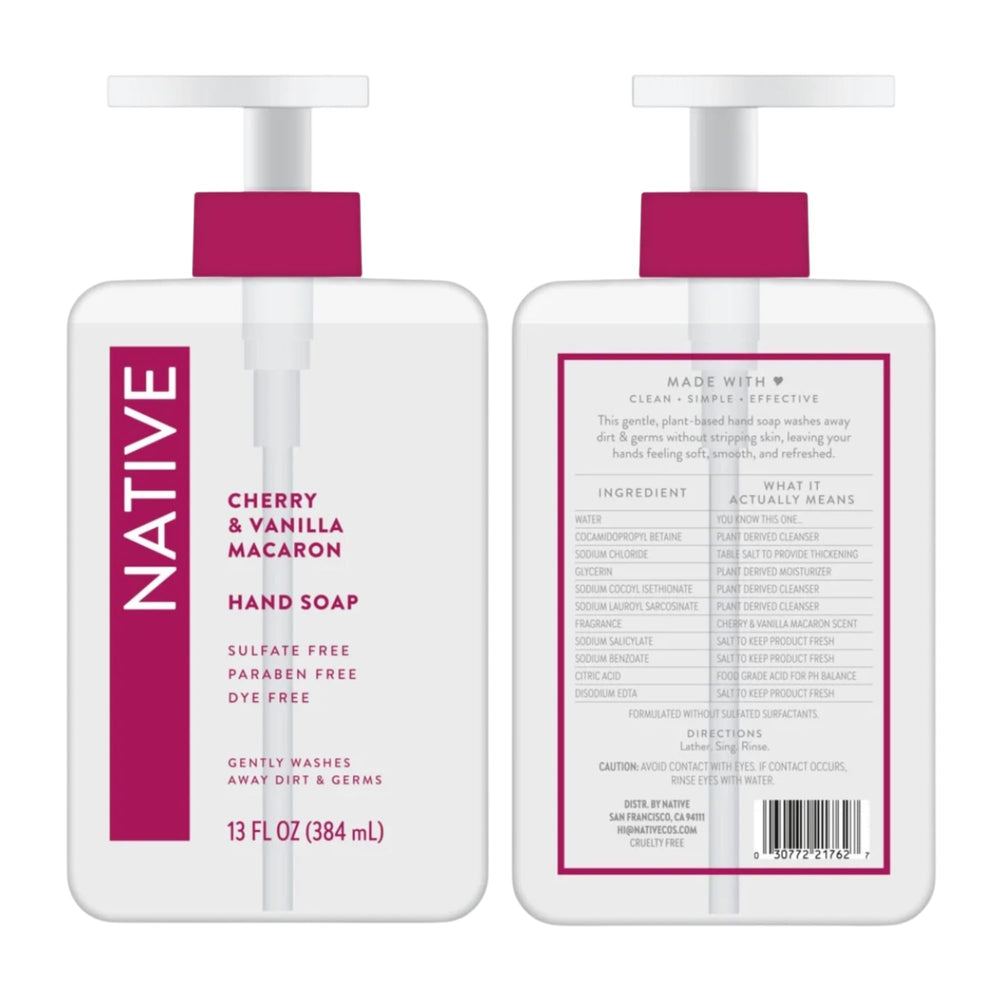 Two Native Hand Soap bottles displayed on a clean sink setup