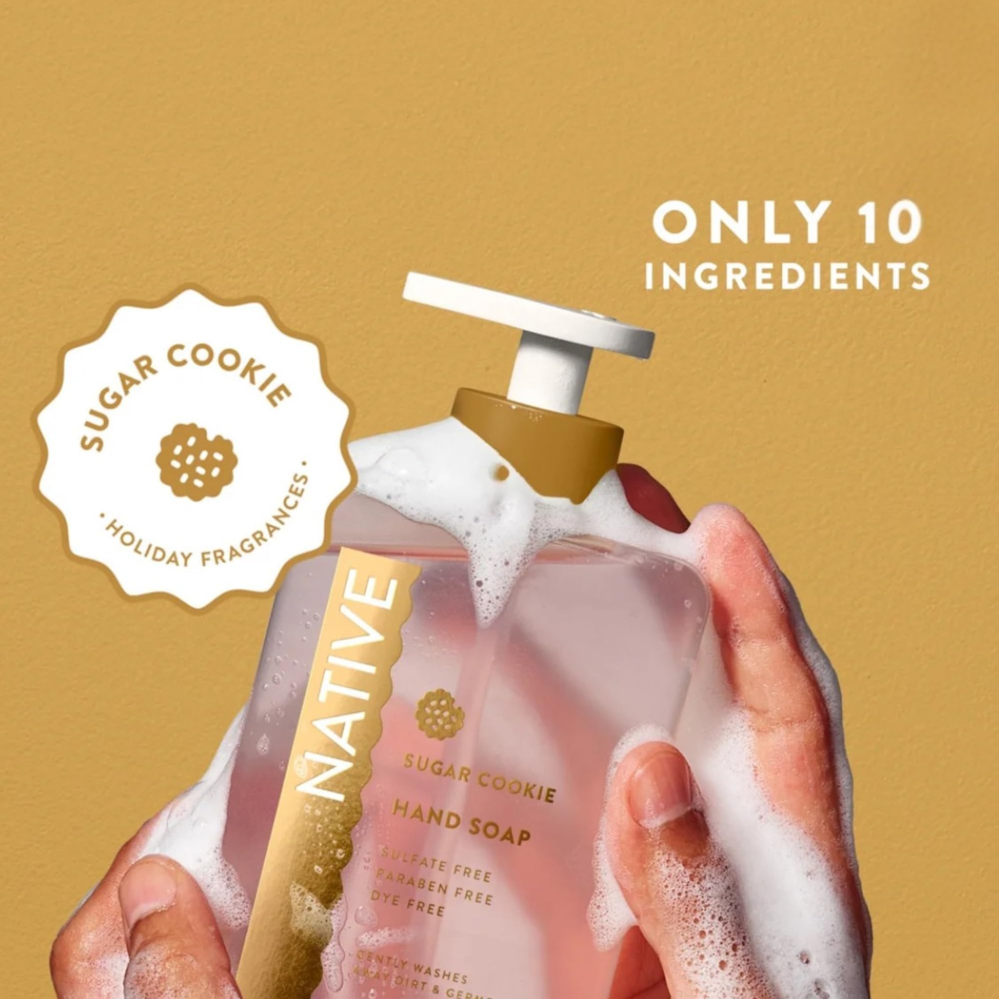 Native hand soap closeup illustrates sulfate-free, dye-free formula for everyday gentle cleansing