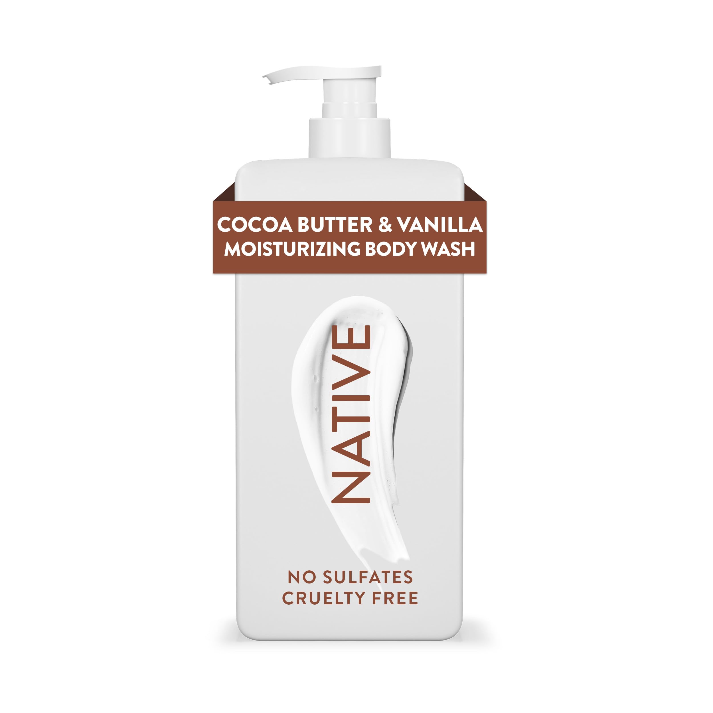Native Moisturizing Body Wash bottle on shelf highlights vegan, dye-free hydration.