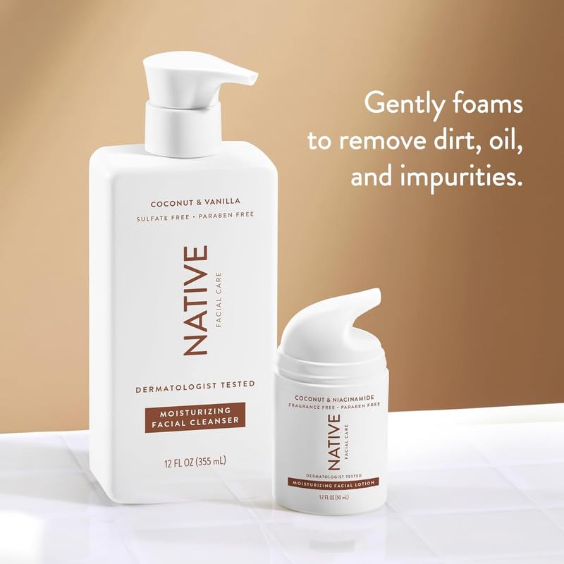 Native Moisturizing Face Wash pump emphasizes moisturizing cleansing with coconut and vanilla