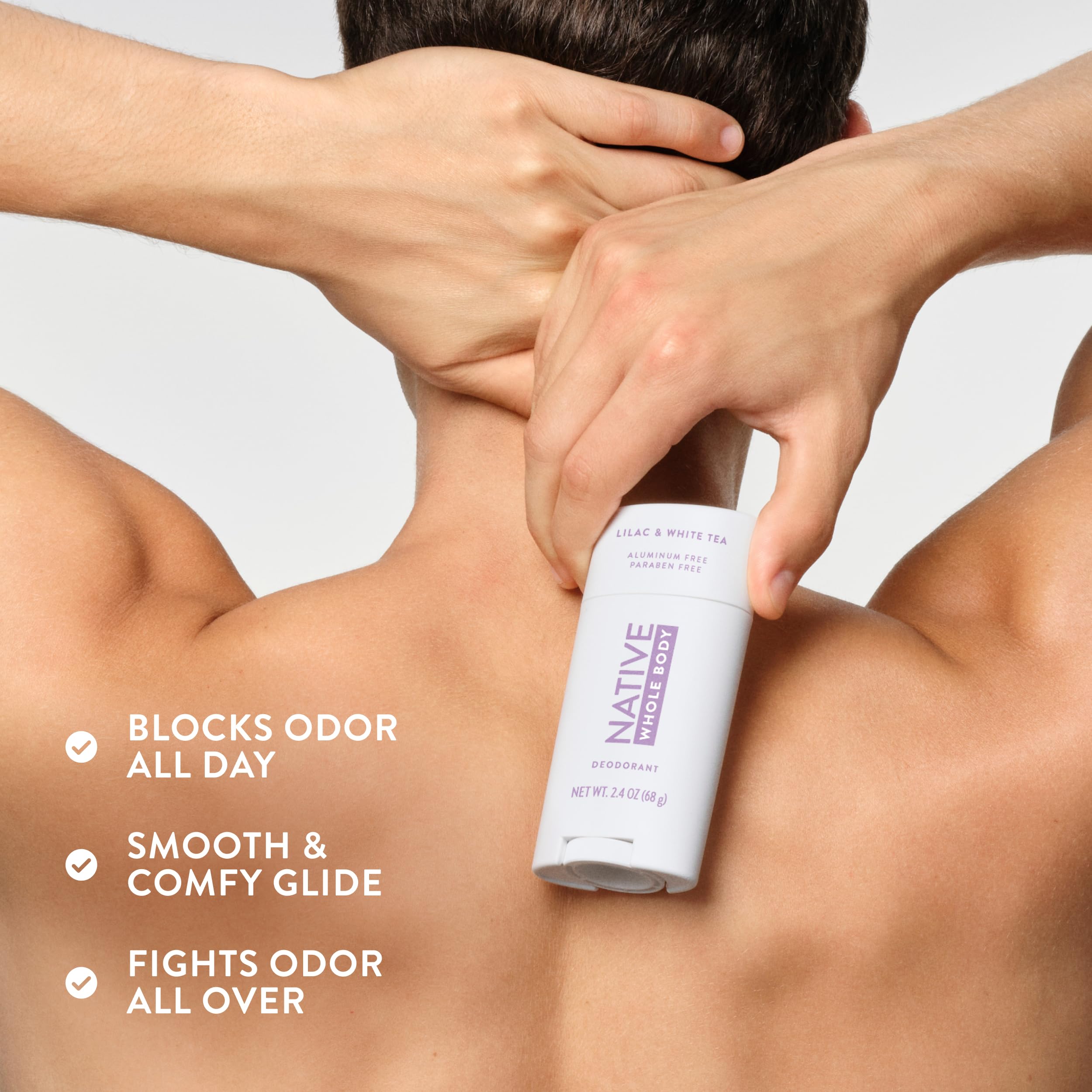Native no residue promise — product shows no white residue on skin or fabric.