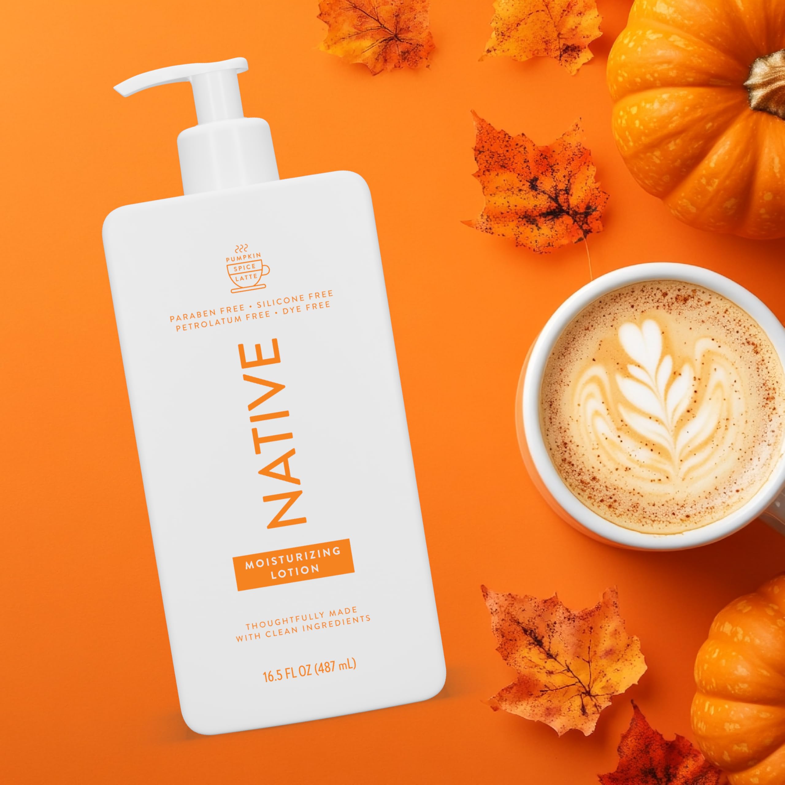Native Pumpkin Spice Latte lotion pump-dispense highlights quick absorption and mess-free application