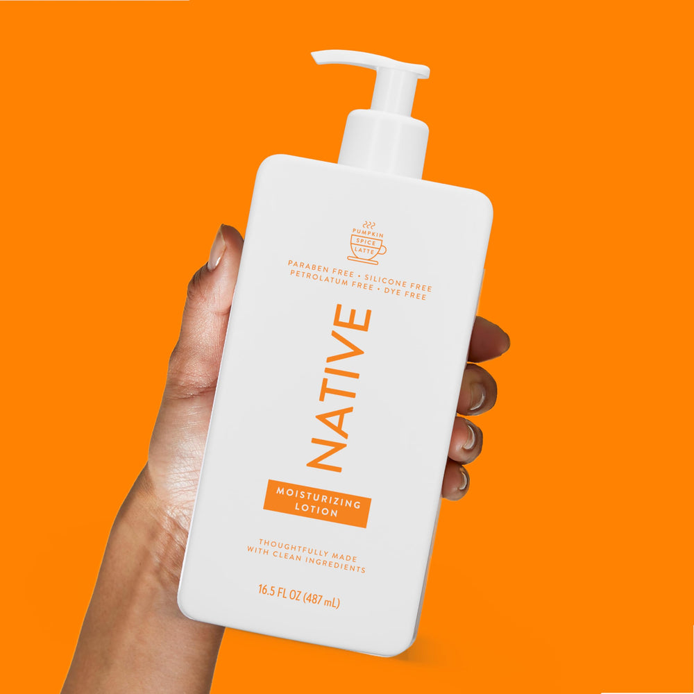 Native Pumpkin Spice Latte lotion texture close-up emphasizes creamy, non-greasy feel