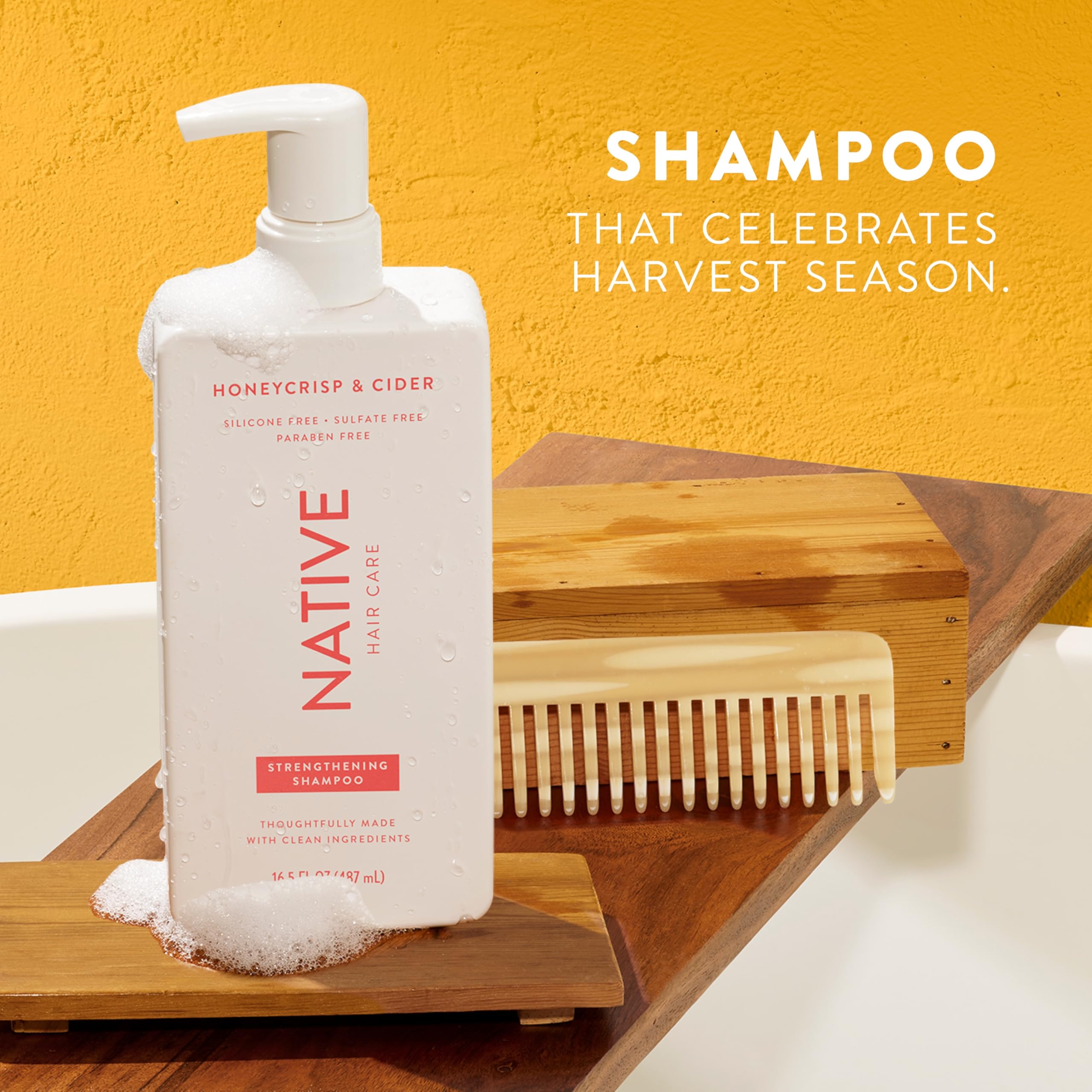 Native Shampoo rinse scene shows hair feeling smooth and refreshed after shower.