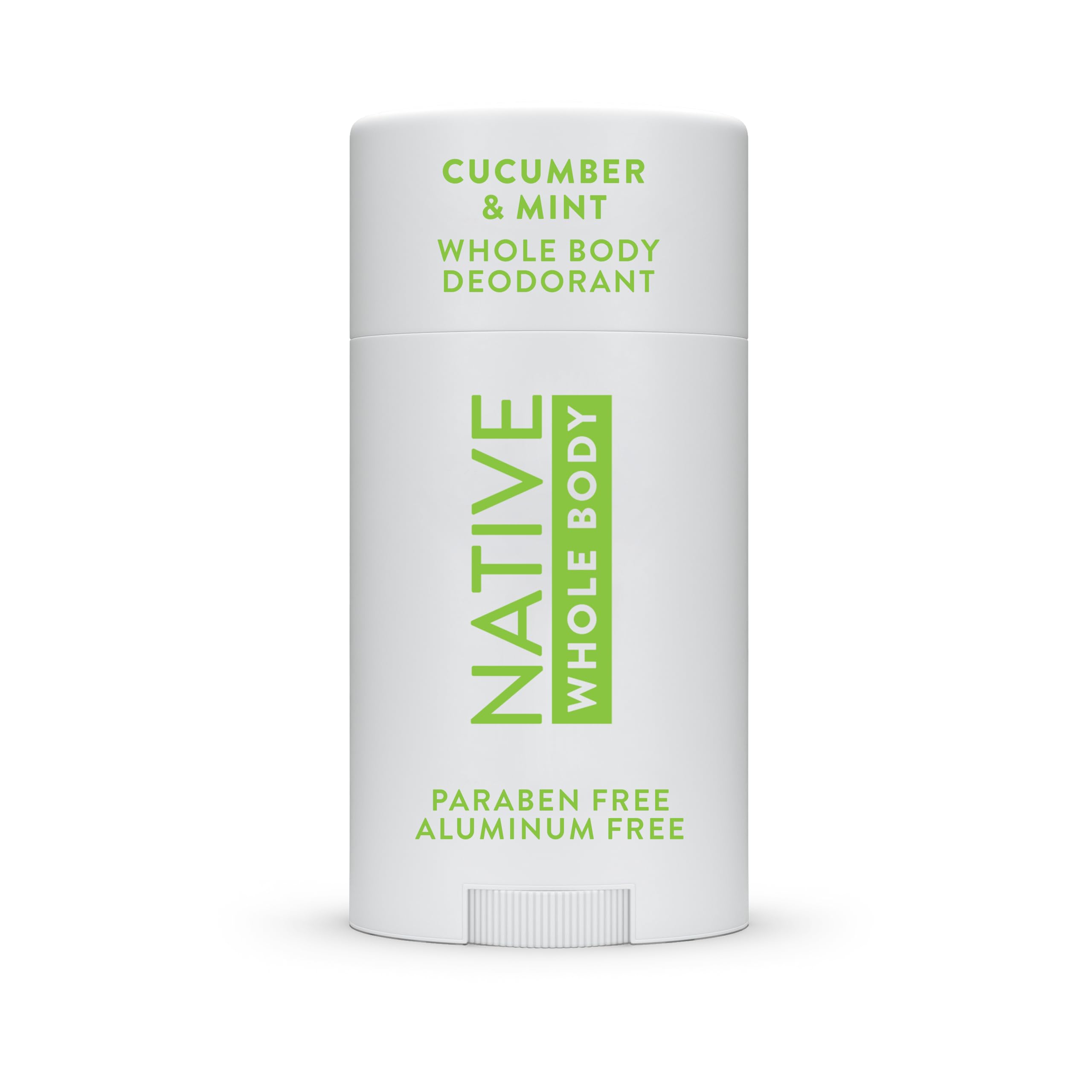 Native whole body deodorant stick applies cucumber mint freshness and long-lasting protection.