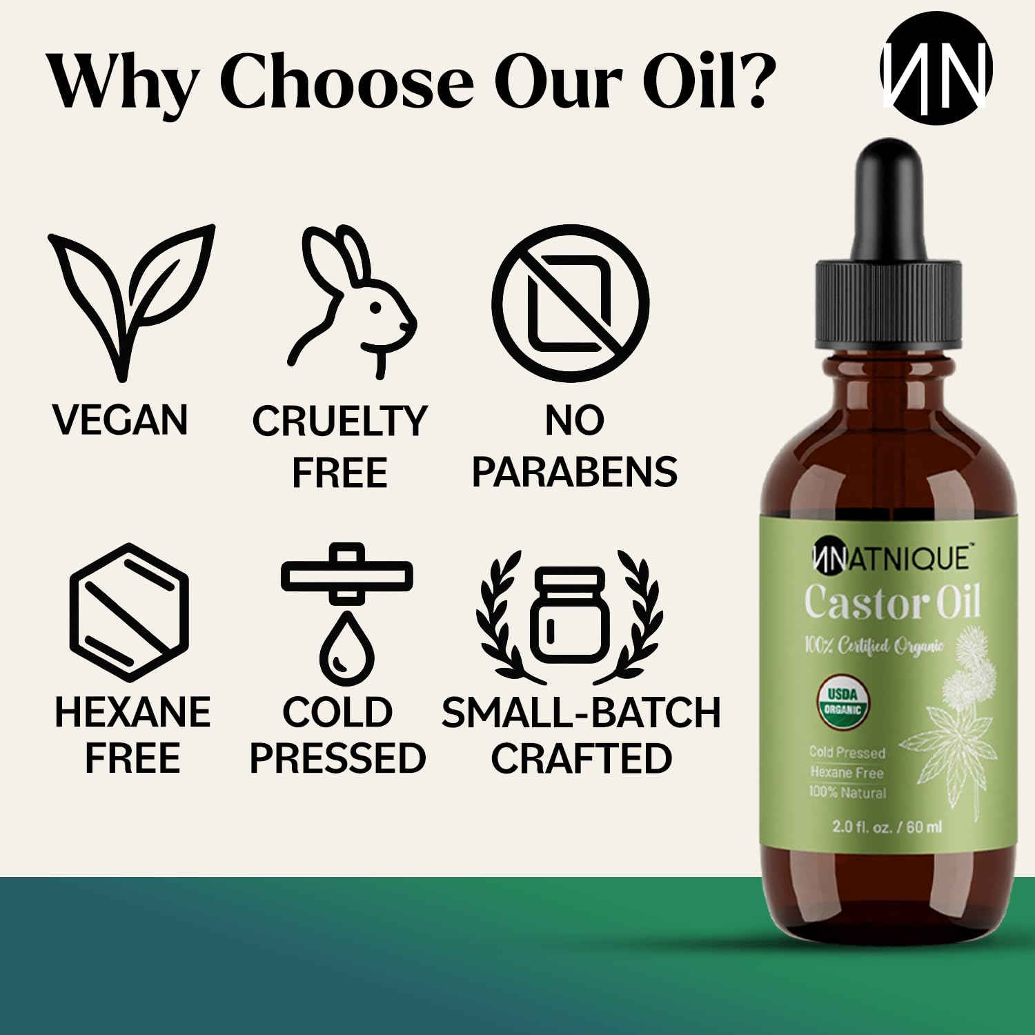 Natnique Castor Oil 2oz product shot showcases pure unrefined formula.