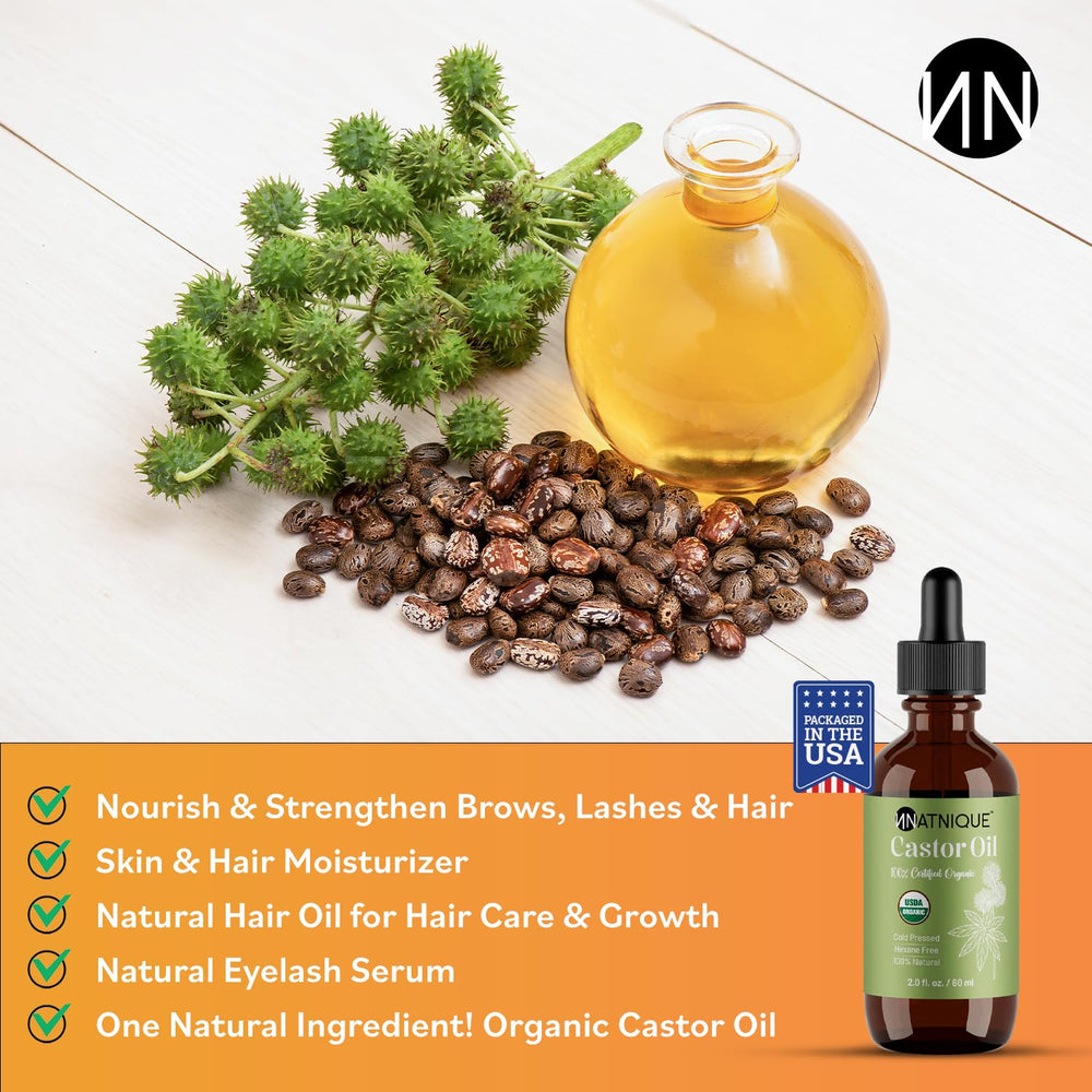 Natnique Castor Oil glass bottle highlights organic, cold-pressed nourishment.