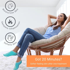 NatraCure toe-enclosed moisturizing socks highlight gel between toes for targeted hydration.