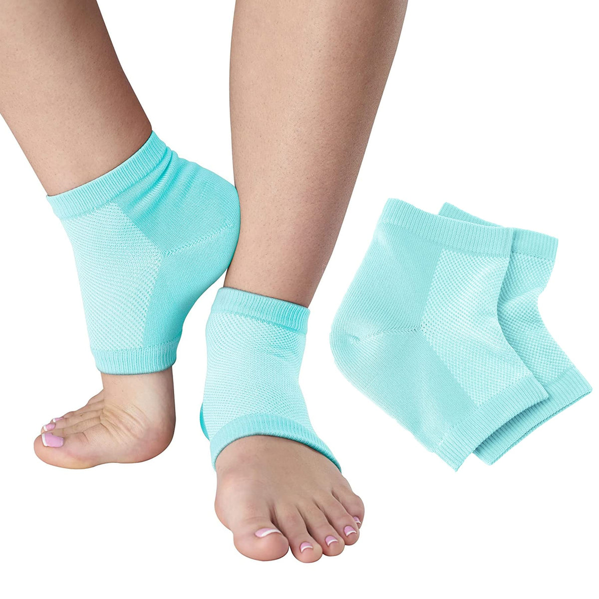 NatraCure vented moisturizing heel sleeves pack close-up shows breathable fabric for day wear.