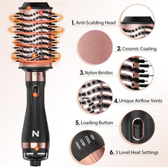 Natrial hair dryer brush ceramic coating for even heat and frizz reduction.