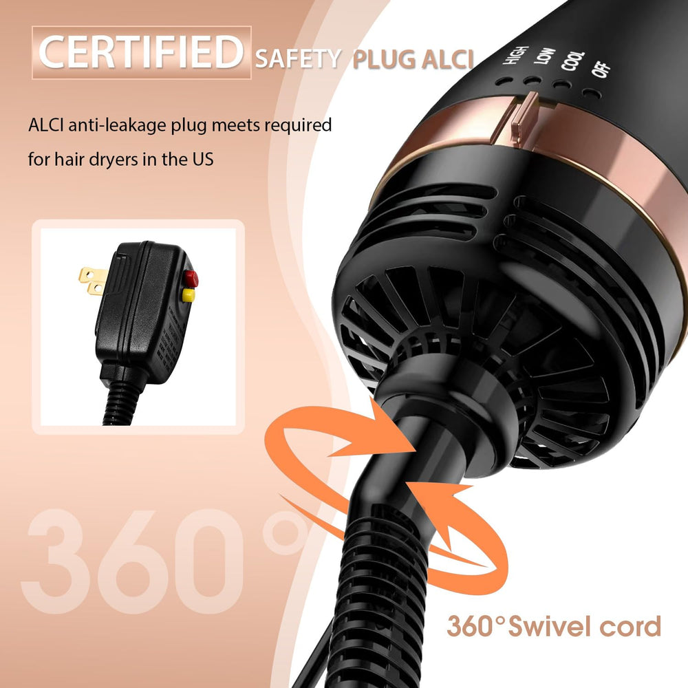 Natrial hair dryer brush compact hanging design saves space in small bathrooms.