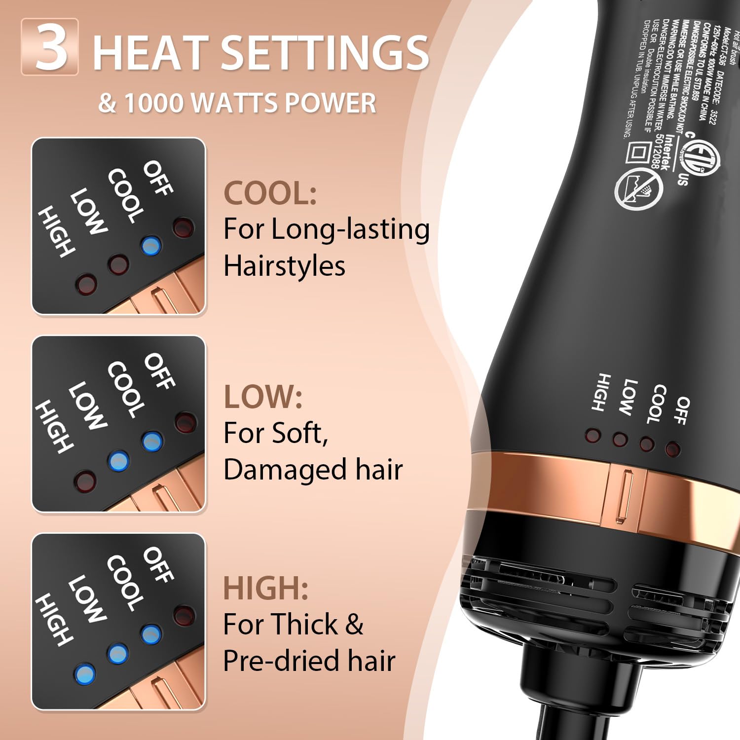 Natrial hair dryer brush safety features and 360-degree cord