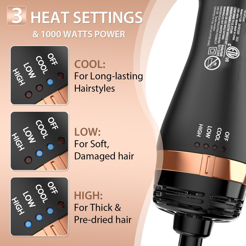 Natrial hair dryer brush safety features and 360-degree cord