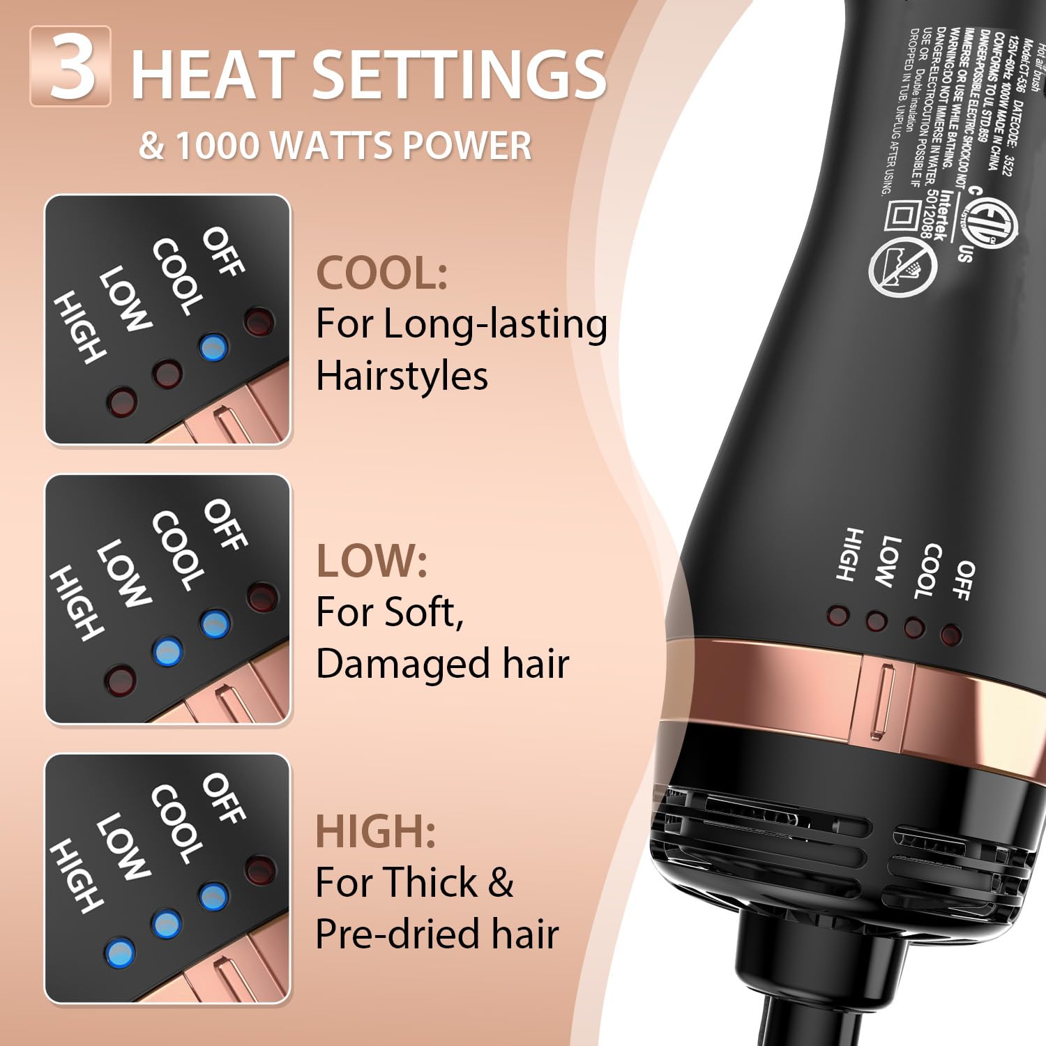 Natrial hair dryer brush safety features with ETL and ALCI protection.