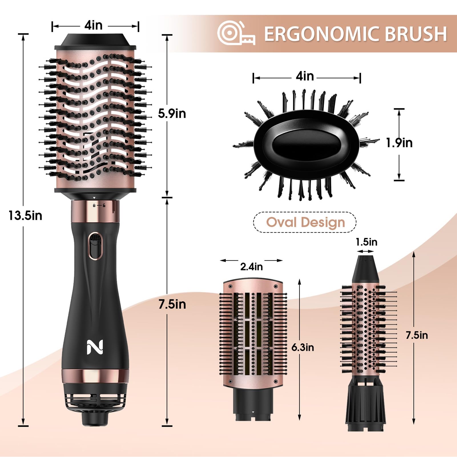 Natrial hair dryer brush with three-speed settings for all hair types.