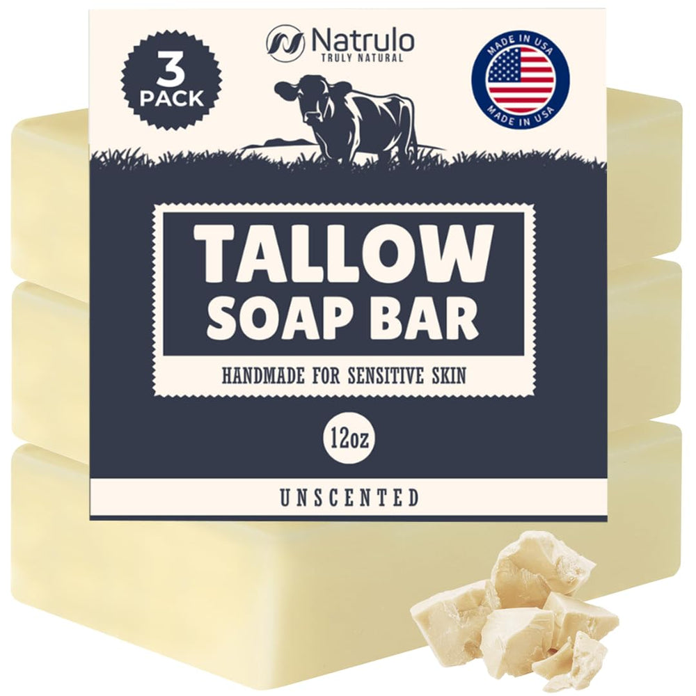 Natrulo Beef Tallow Soap Bar closeup highlighting a gentle, unscented cleanse for sensitive skin.