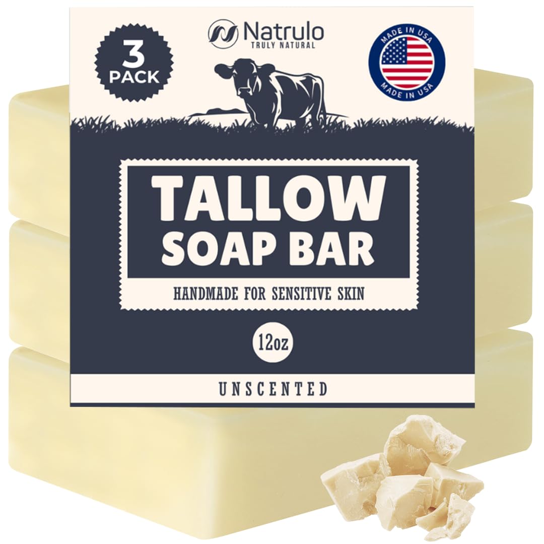 Natrulo Beef Tallow Soap Bar closeup highlighting a gentle, unscented cleanse for sensitive skin.
