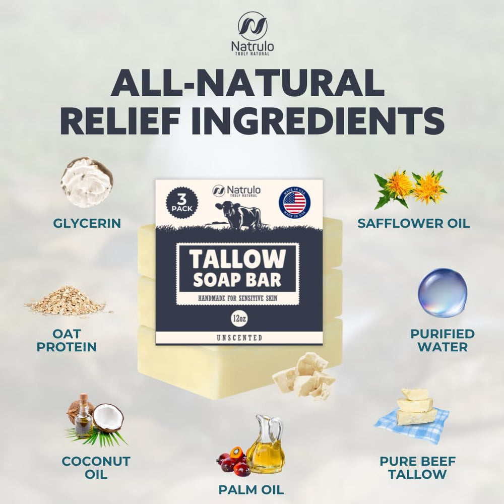 Natrulo ingredient label highlights 100% grass-fed tallow and natural base oils for skin-friendly nourishment.