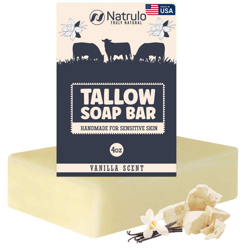 Natrulo beef tallow soap vanilla bar offers a rich lather for gentle cleansing.