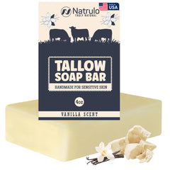Natrulo beef tallow soap vanilla bar offers a rich lather for gentle cleansing.