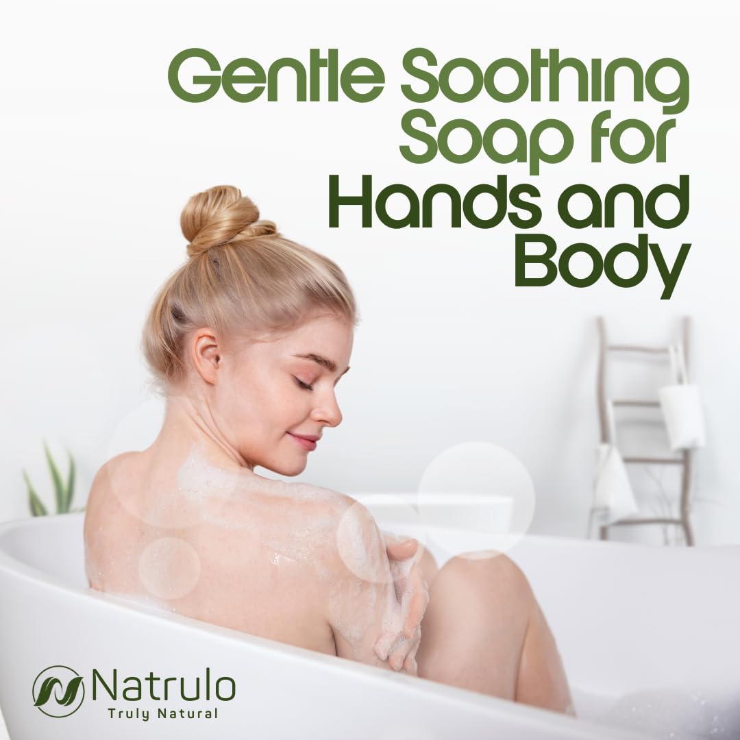 Natrulo Eczema Soap Bar daily-use setup showing creamy cleanse for face and body.