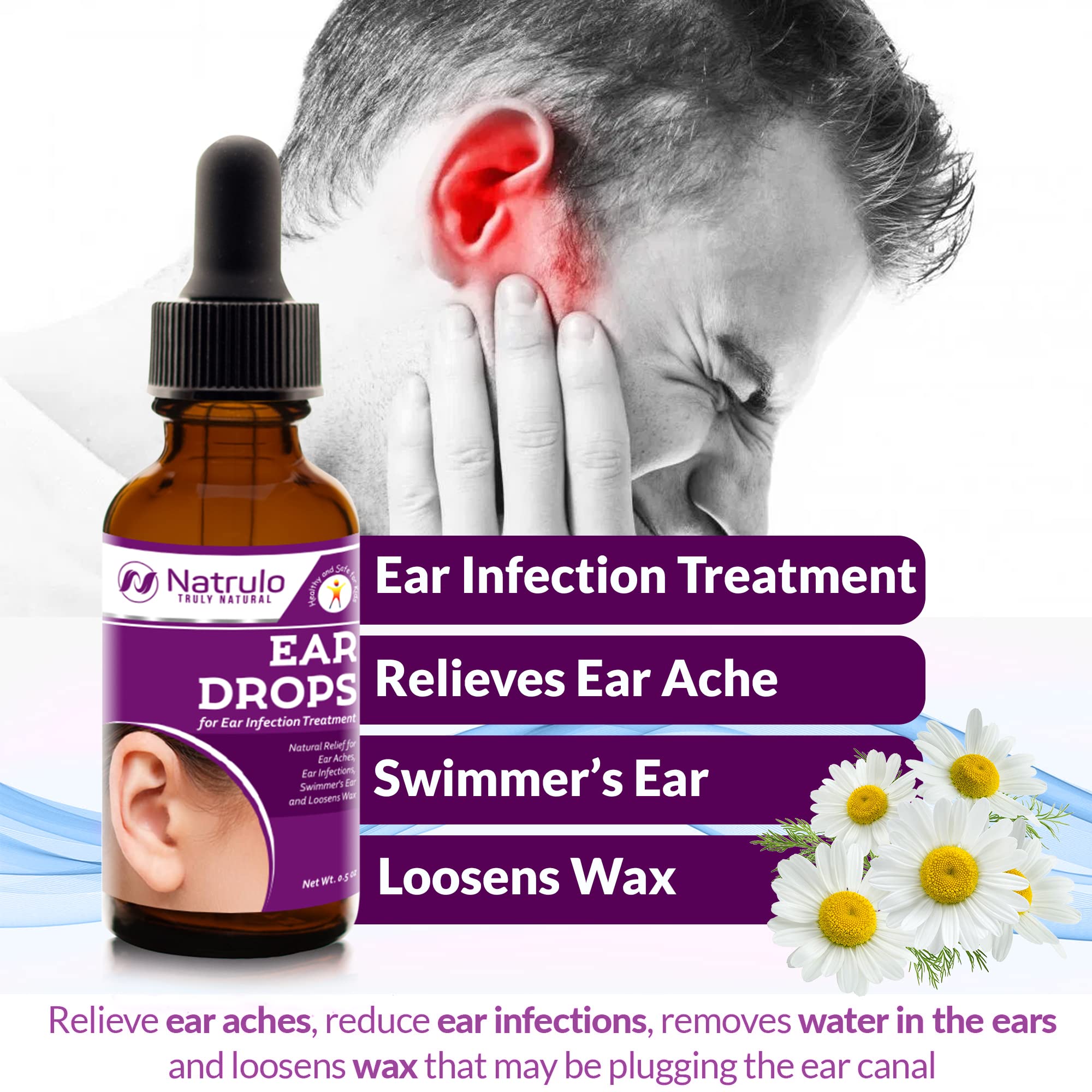 Natrulo natural ear drops packaging highlighting USA-made formulation