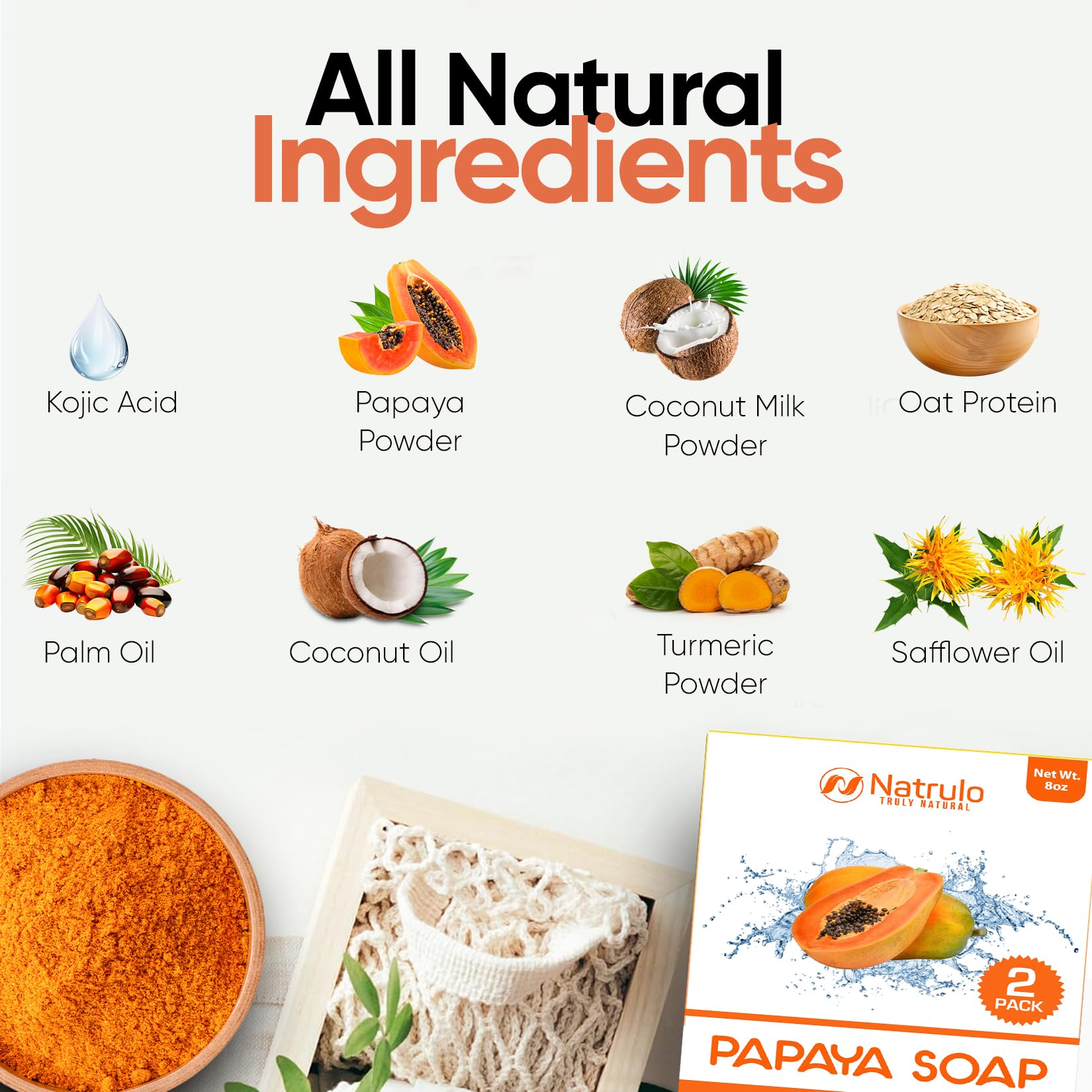 Natrulo Papaya Soap Handcrafted USA label signals pure, phthalate-free formulation.