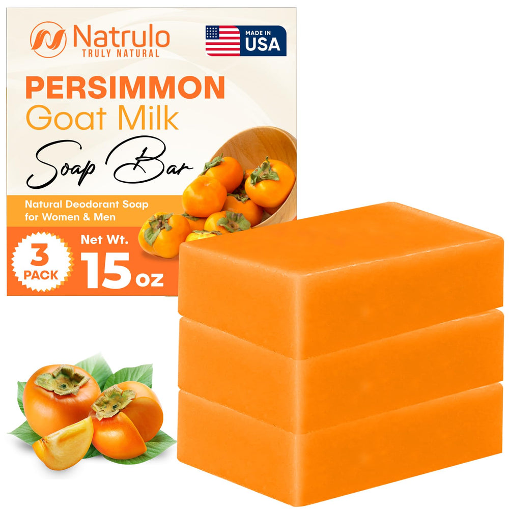 Natrulo Persimmon Goat Milk Soap Bar closeup, highlighting creamy texture for gentle odor control.
