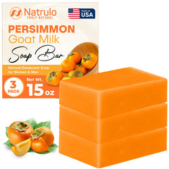 Natrulo Persimmon Goat Milk Soap Bar closeup, highlighting creamy texture for gentle odor control.