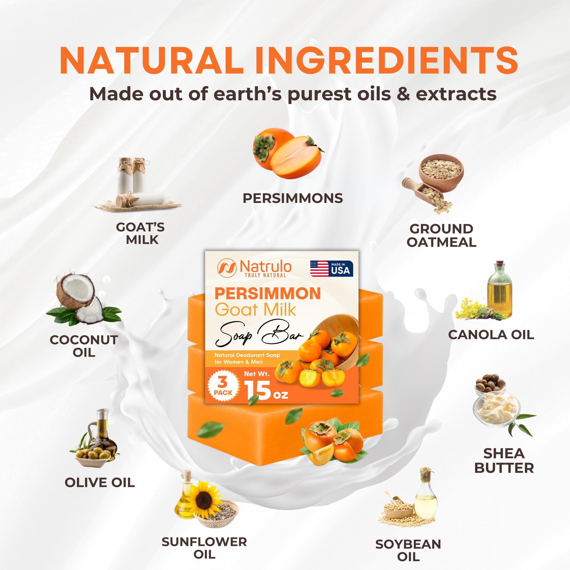 Natrulo Persimmon bar being used on skin illustrates brightening and gentle cleansing.