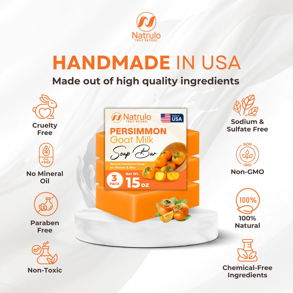 Natrulo Persimmon soap packaging on display emphasizes natural ingredients and cruelty-free appeal.
