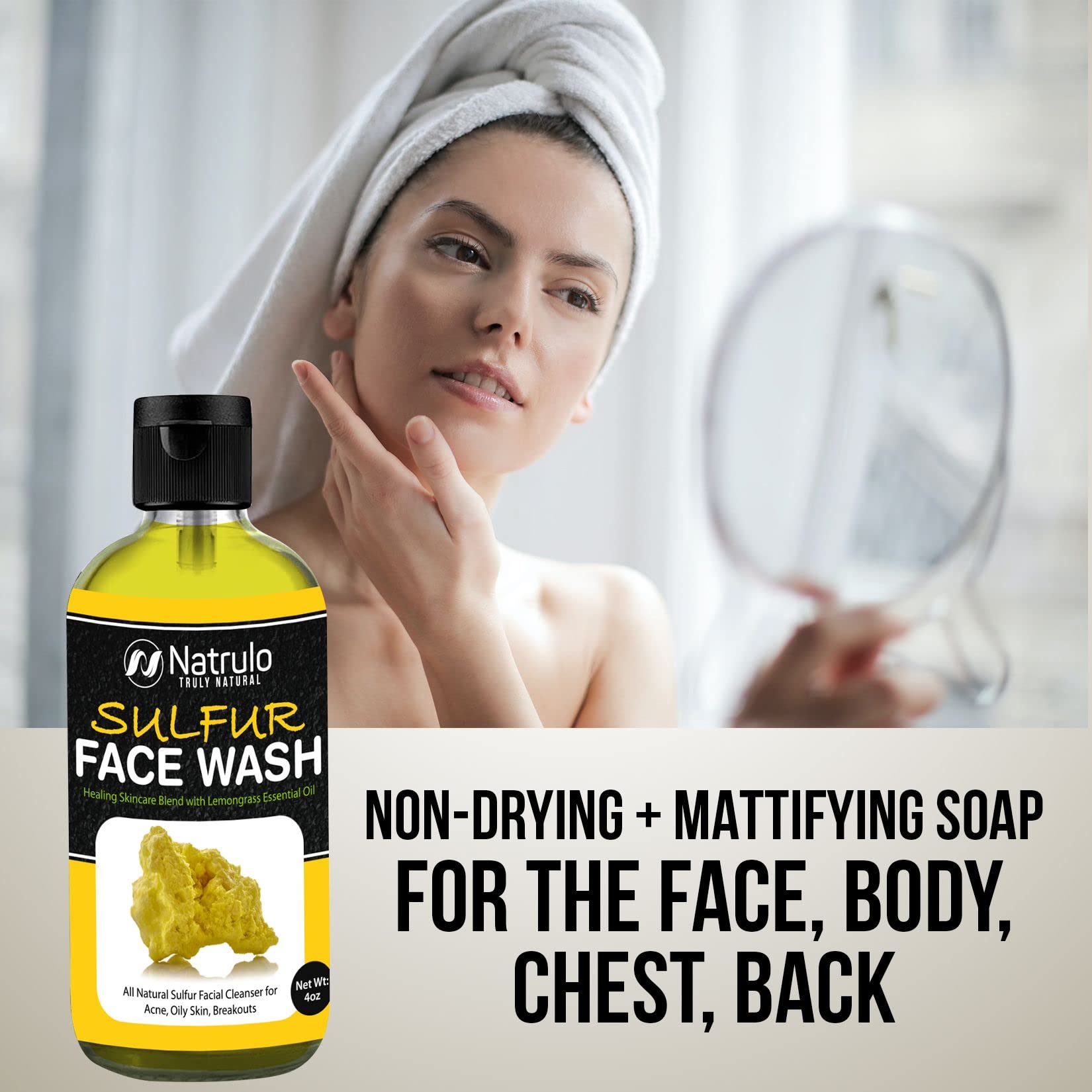 Applying Natrulo sulfur wash as part of daily skincare routine